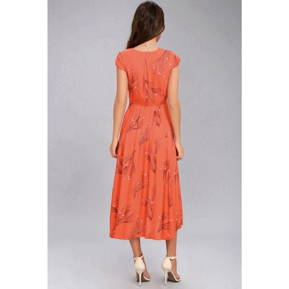 Free People Sz 10 Retro Coral Orange Floral Print Rayon Midi Dress Side Pockets - Picture 2 of 12